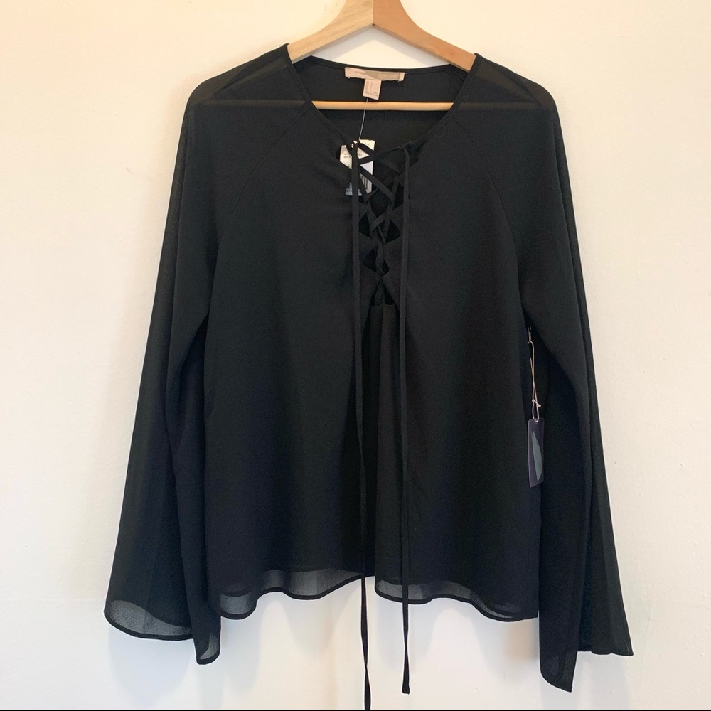 NEW! Forever21 Black Long Bell Sleeve Top Size L Transparent MSRP $19